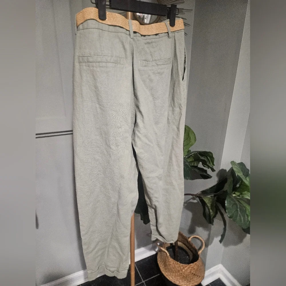 ZARA Linen Blend Belted Tapered Pants – Sage Green – NWT – Size US 6